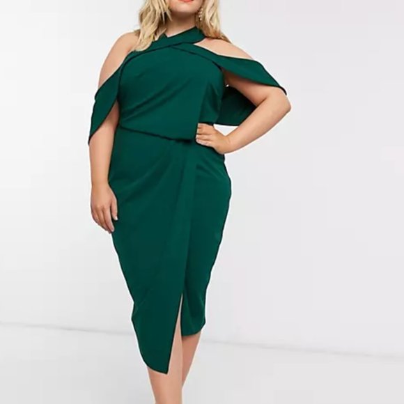 ASOS Curve Dresses & Skirts - ASOS DESIGN Curve Halter Drape Bodycon Midi Dress in Forest Green